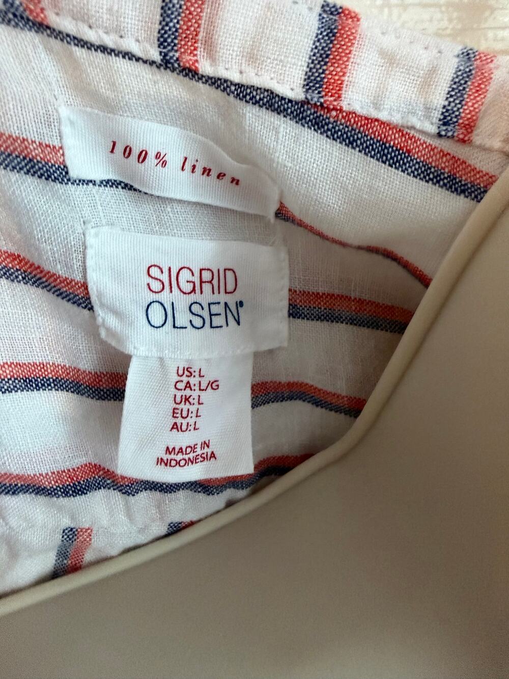 Singrid Olsen Top Button 100% Linen Red White Blue Stripe Nautical Coastal Large